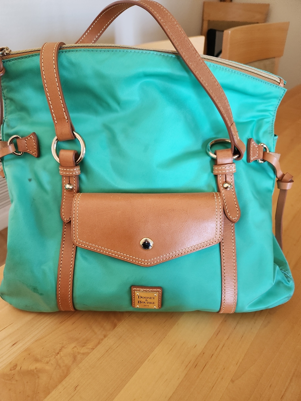 Dooney & Bourke Teal Nylon Tote with Tan Leather Trim